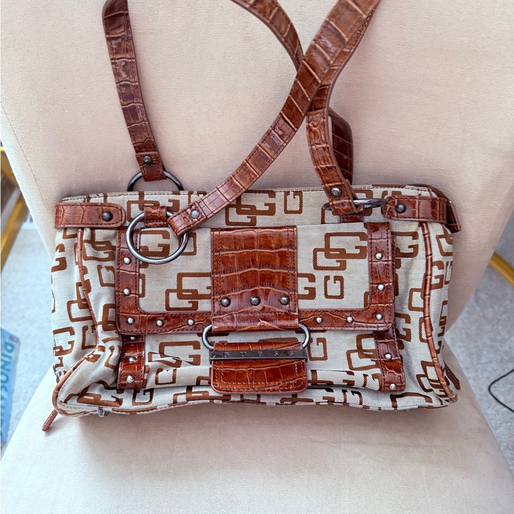 Guess Tan and Brown Patterned Shoulder Bag